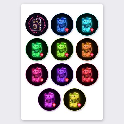 Neon lucky cat sticker set – 11 round stickers on one sheet