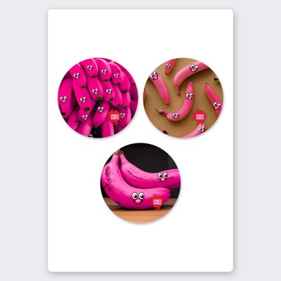 Pink banana sticker set – 3 round stickers on one sheet